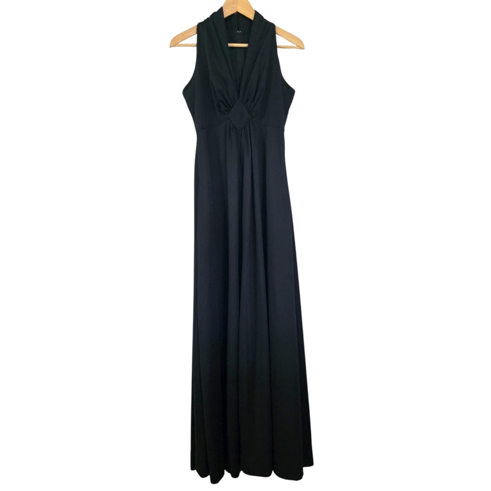 Vintage Algo 70s Black V-Neck Empire Waist Sleeveless Formal Gown 11 Fits Small